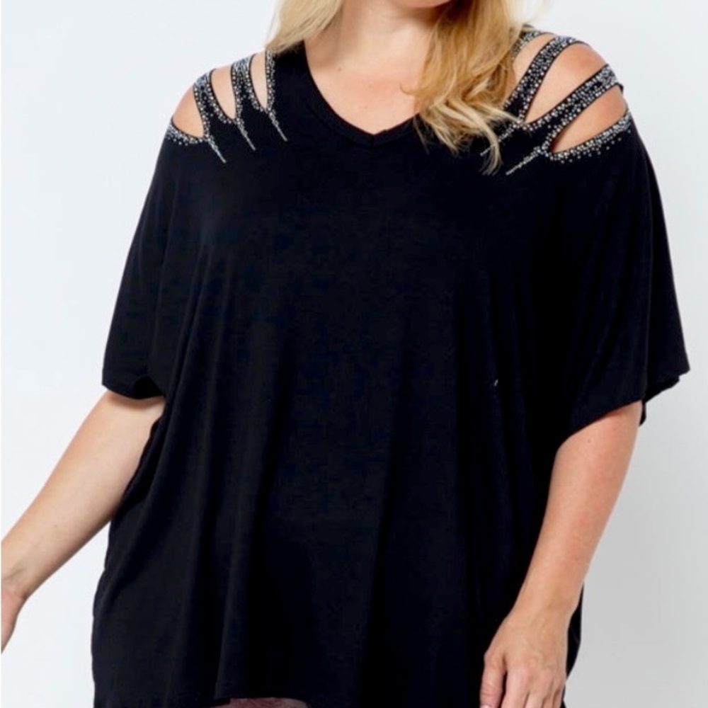 Black Top with Laser Cut Shoulders and Bling